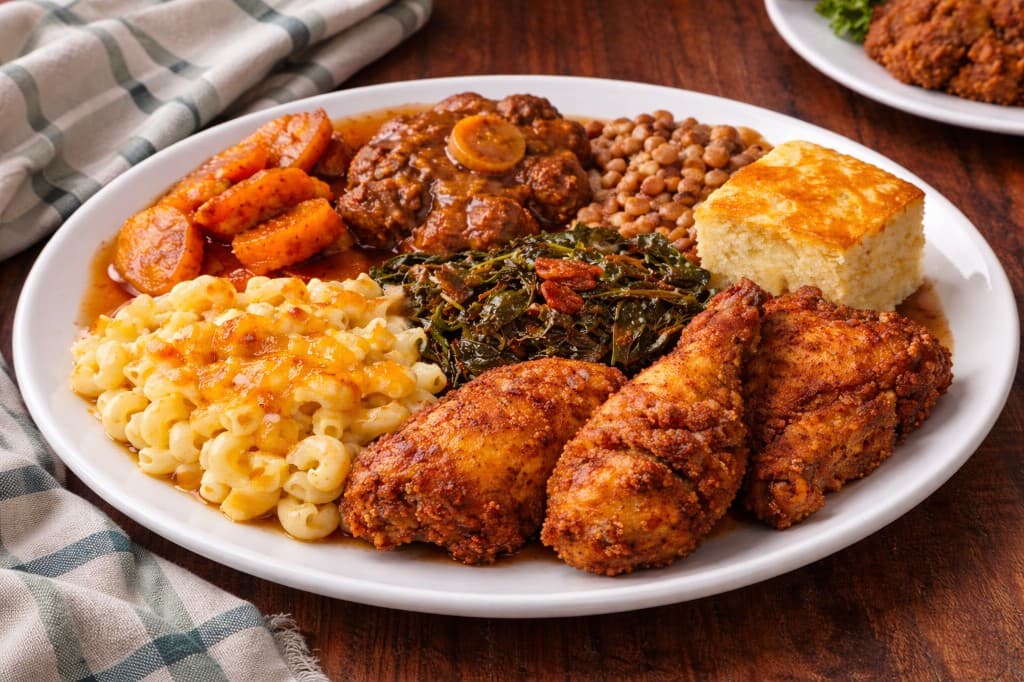 Signature Soul Plate — fried chicken, mac & cheese, greens, cornbread